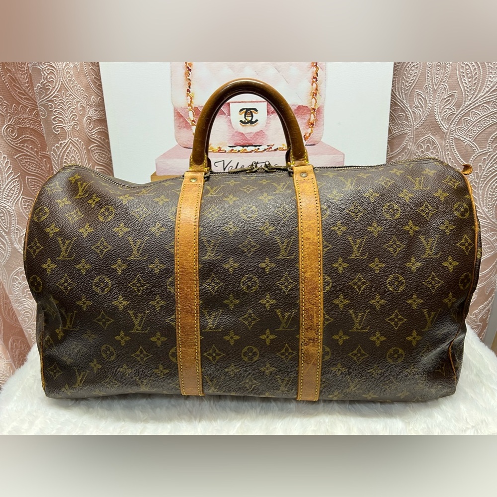 Louis Vuitton Monogram Canvas Travel Duffle Bag in Brown with Tan Trim